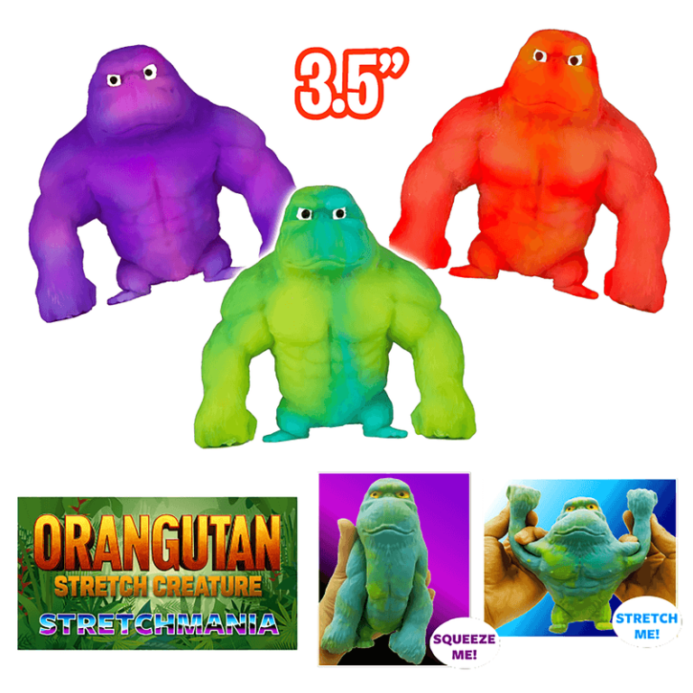 Featuring three vibrant, 3.5-inch stretchy orangutan toys. See how the blue one stretches—perfect for your next fundraising catalog!.