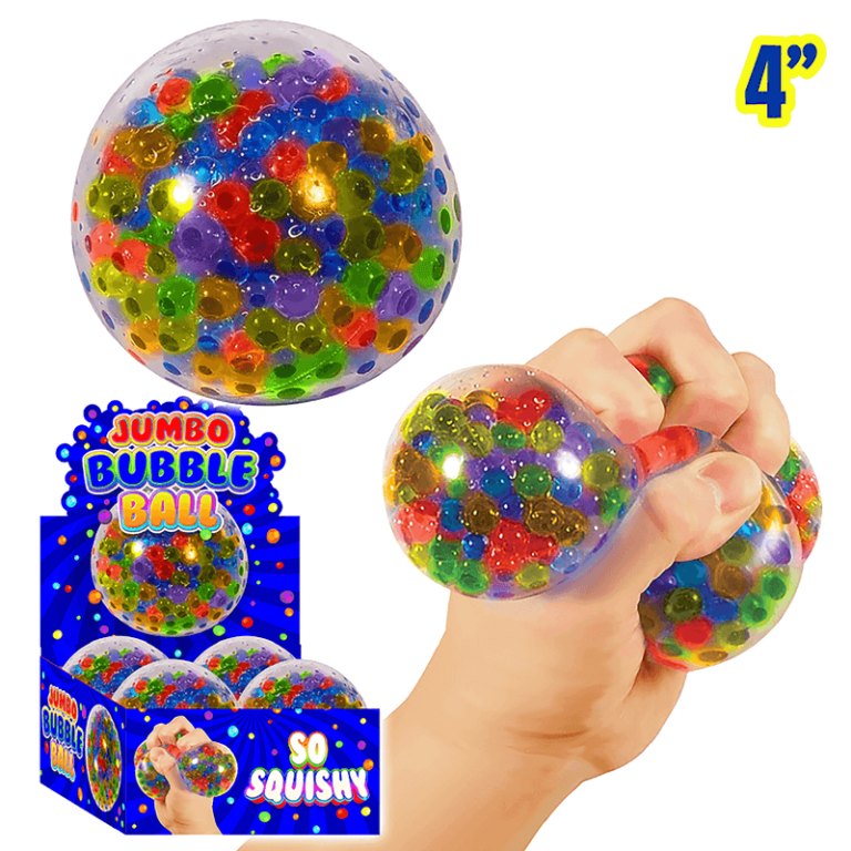 A hand squeezes a 4-inch Jumbo Bubble Ball filled with vibrant beads; packaging features “Jumbo Bubble Ball” and “So Squishy”—a fun, stress-relief item perfect for fundraising catalogs.