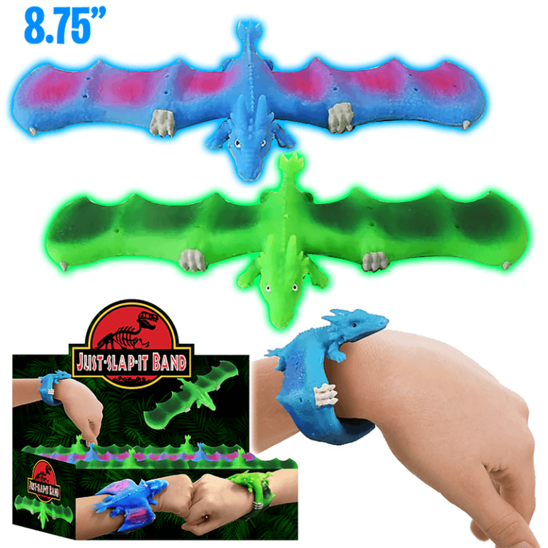 Vibrant 8.75" dragon slap bracelets shown flat and on wrist—perfect fundraiser items, with gift-ready packaging displayed below.