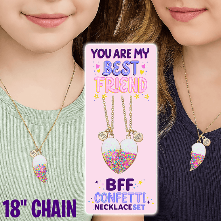 Perfect for fundraising—two girls show off matching confetti heart necklaces from our 18" BFF Necklace Set, ideal for best friends!.