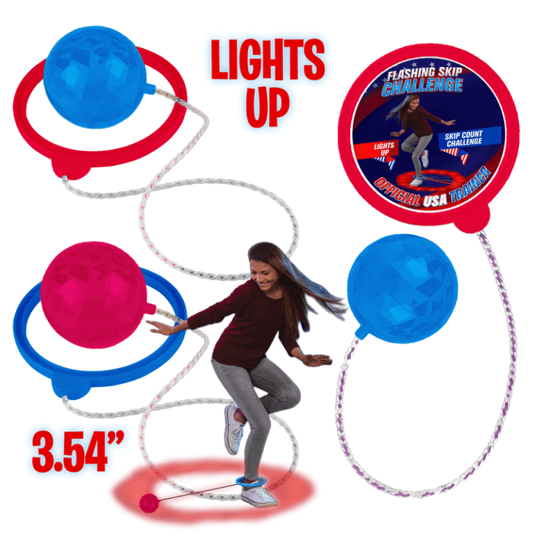 Student demonstrates our exciting Skip Ball—features a dazzling red and blue light-up ball and easy-read digital skip counter.