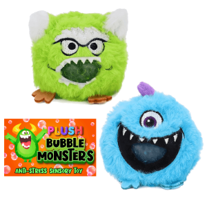 Feature these adorable Plush Bubble Monsters—green with glasses and white horns, blue with one eye and purple horn—perfect for fundraisers!.