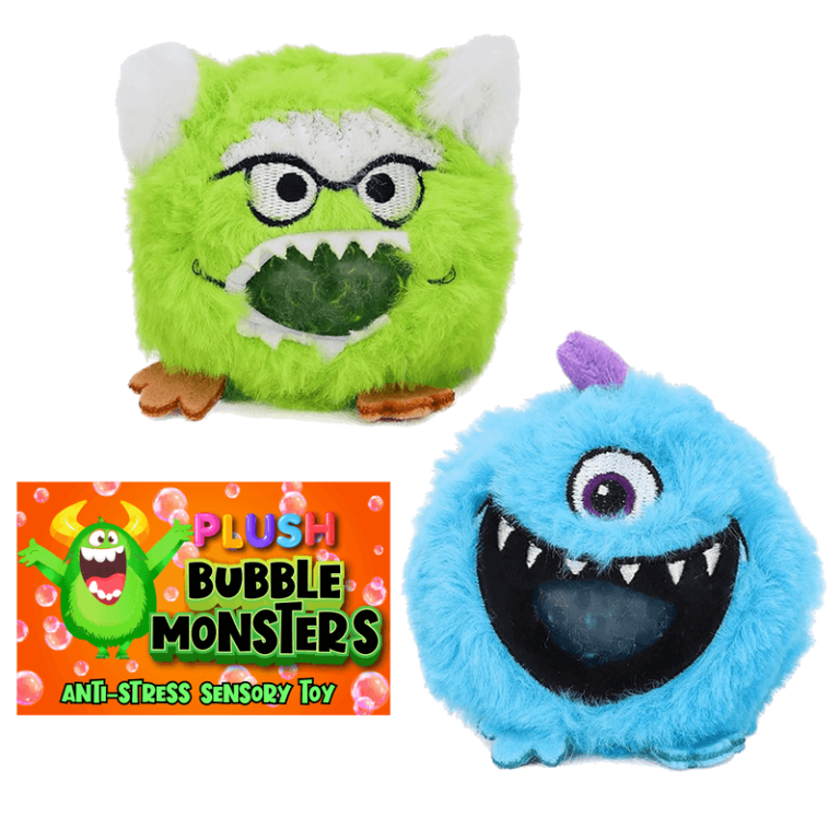 Feature these adorable Plush Bubble Monsters—green with glasses and white horns, blue with one eye and purple horn—perfect for fundraisers!.