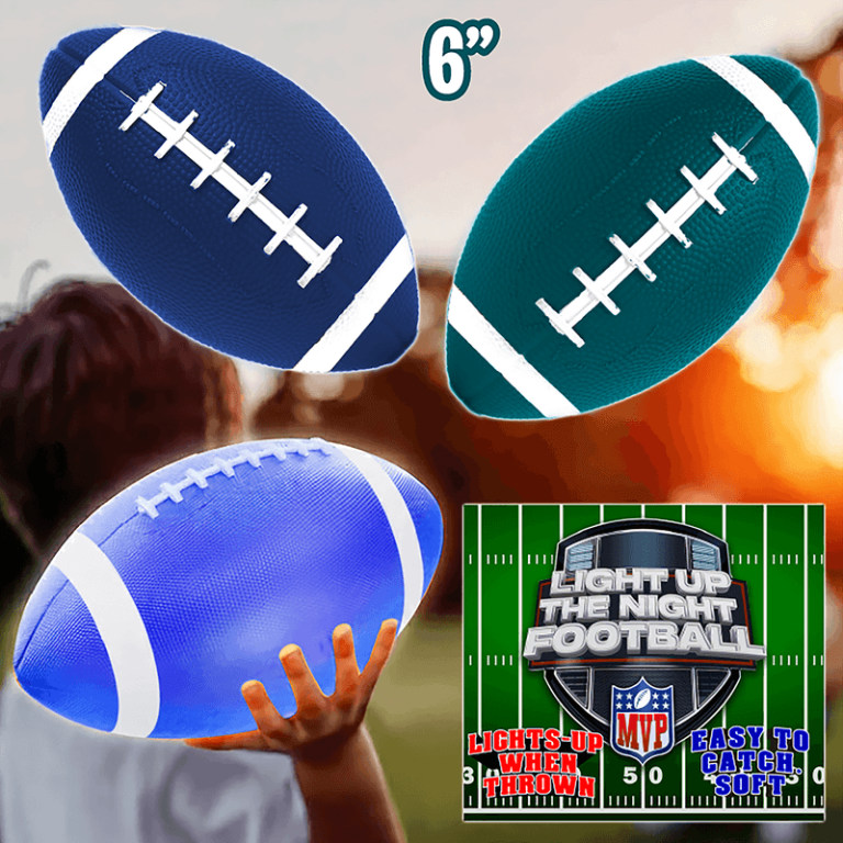 Vibrant set of 6" blue, green, and light blue footballs—fun for all ages! Includes instructions, child shown holding ball.