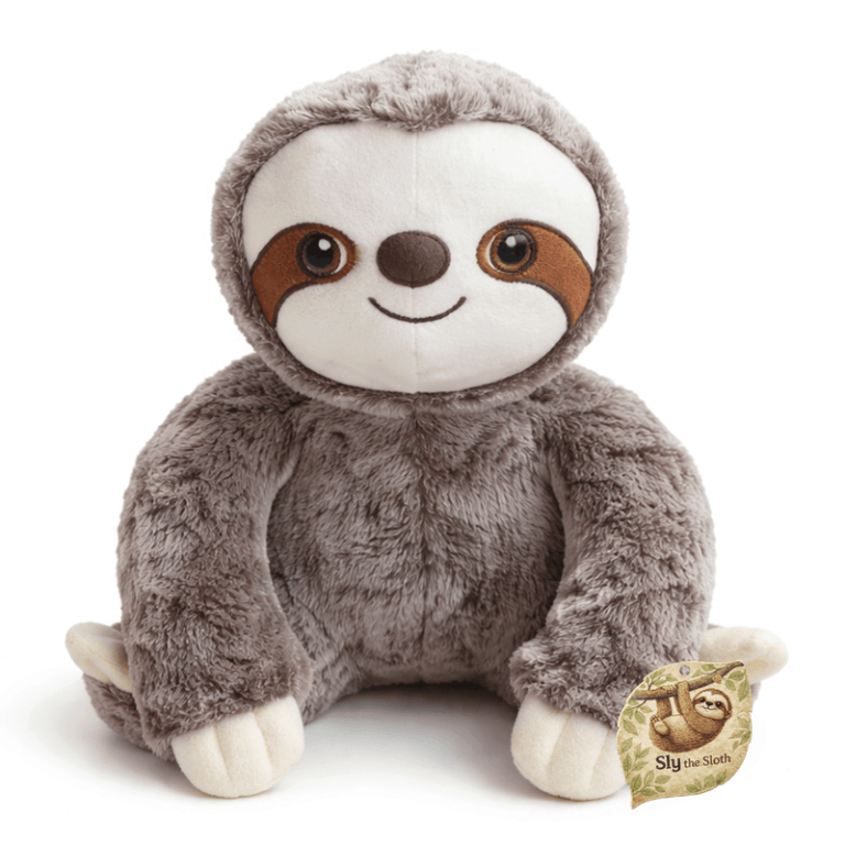 Meet "Sly the Sloth"—a cuddly plush with gray fur and a friendly face. Perfect for fundraisers and gifting this holiday season!.
