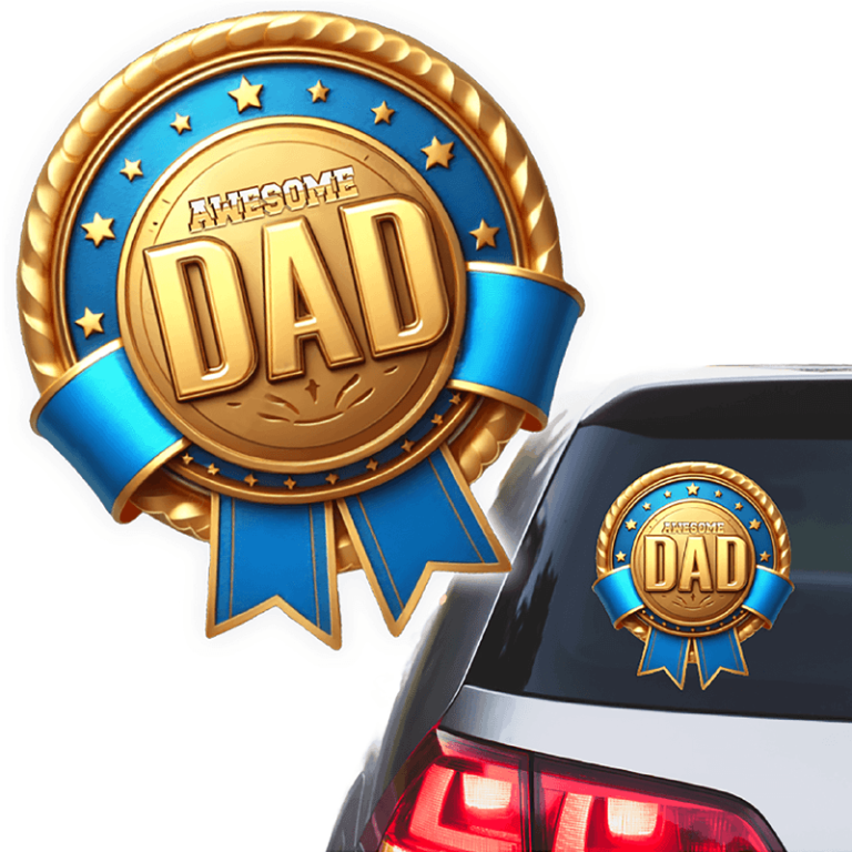 Inspire dads this season with our gold and blue "Awesome Dad" badge sticker, shown on the rear window of a silver car.