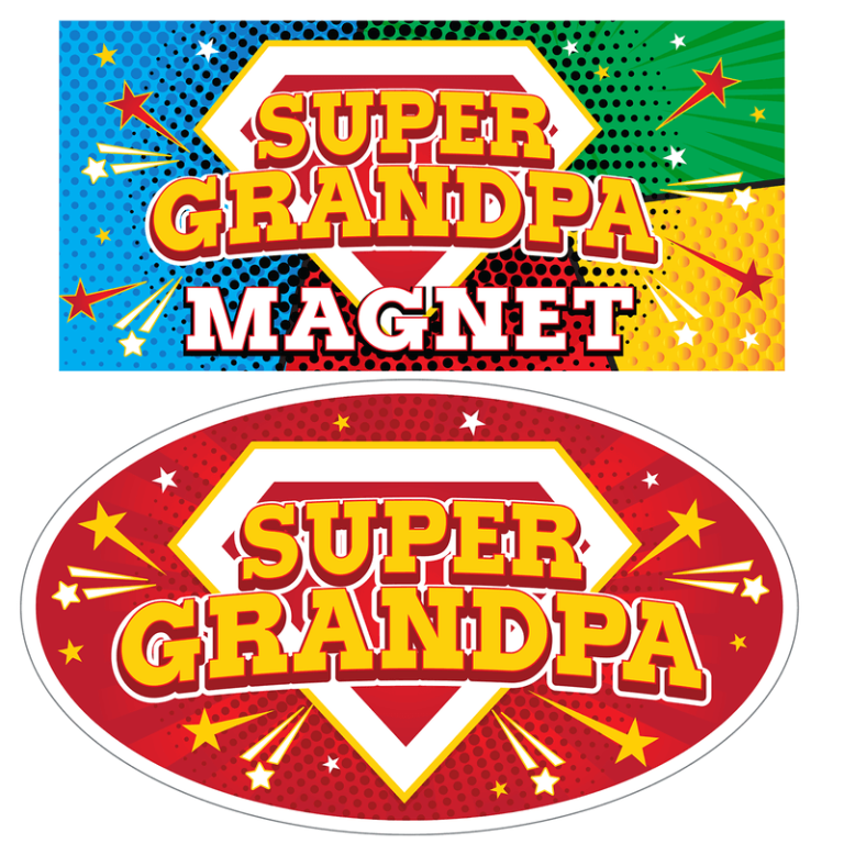 Showcase your appreciation with two vibrant "Super Grandpa" signs, featuring bold comic lettering and superhero-themed magnet designs.