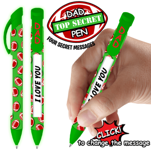Unique green football pen with “DAD” on the clip; twist to reveal uplifting messages like “I LOVE YOU.” Perfect for gifting!.