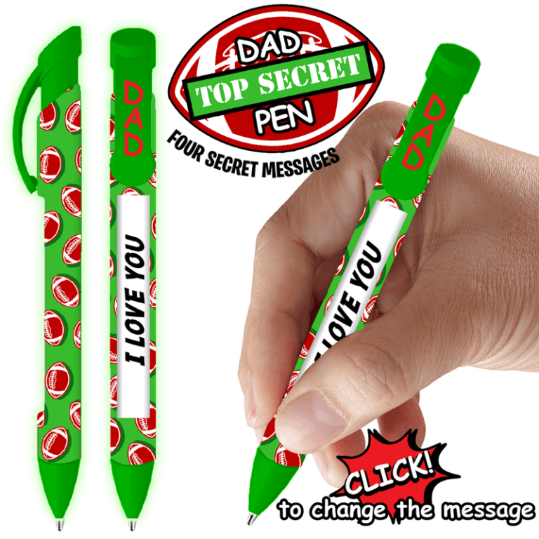 Unique green football pen with “DAD” on the clip; twist to reveal uplifting messages like “I LOVE YOU.” Perfect for gifting!.