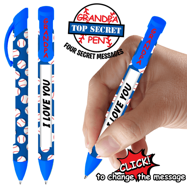 Perfect for holiday fundraisers, this blue baseball-themed "GRANDPA" pen reveals one of four secret messages with each click.