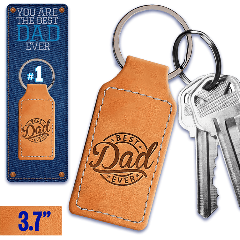 Brown leather "Best Dad Ever" keychain, 3.7" long, on keys with gift-ready packaging—ideal for your fundraiser catalog!.