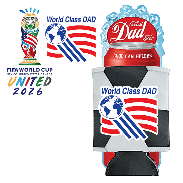 FIFA World Cup 2026 logo beside a soccer can holder marked "World Class Dad" and a can topper reading "Coolest Dad Ever"—giftable items.