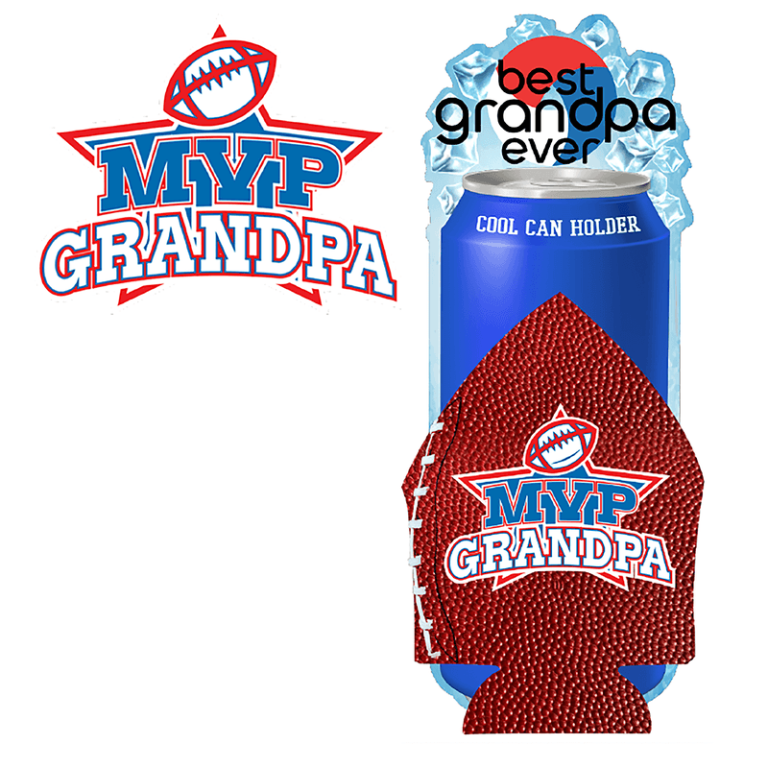 Our blue can holder, featuring "best grandpa ever" and an MVP GRANDPA football graphic, paired with a large matching logo.