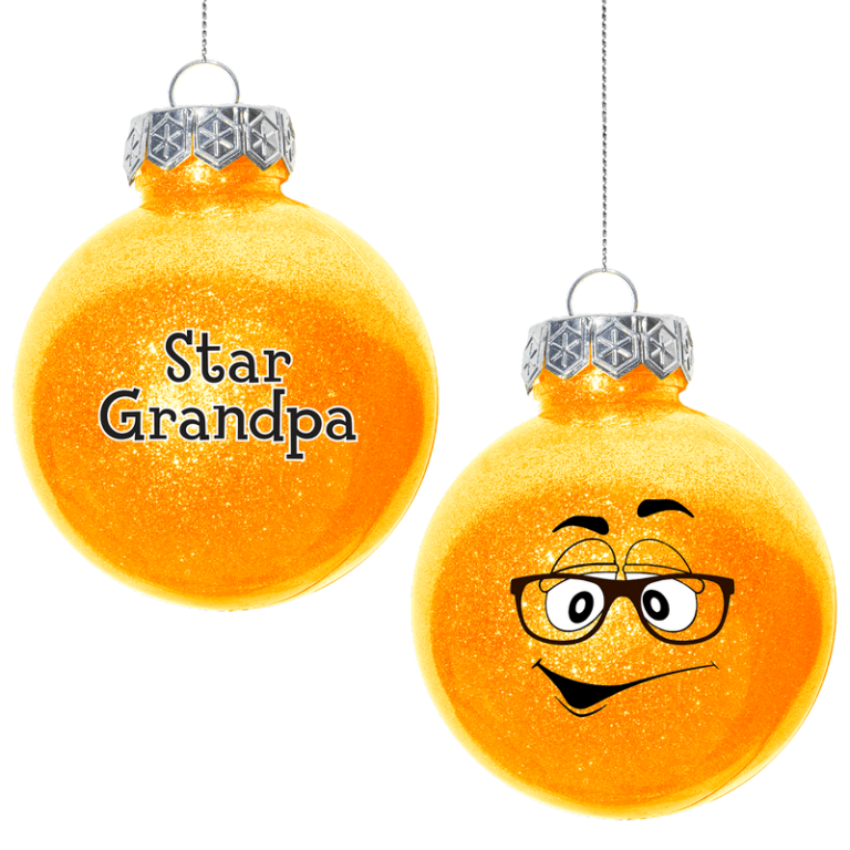 Bright yellow Christmas ornaments: “Star Grandpa” text on one, cheerful smiley face with glasses on the other—ideal for fundraisers.