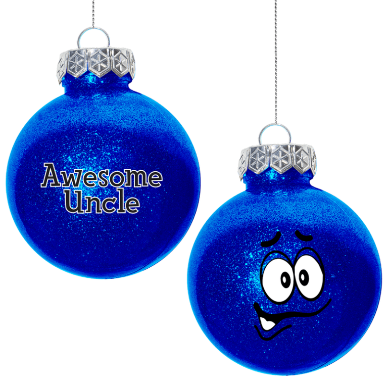 Set of two festive blue ornaments: one features "Awesome Uncle" message; the other showcases a playful cartoon face design.