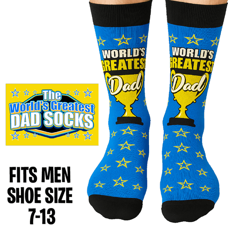Celebrate Dad with these blue socks, decorated with yellow stars and a trophy, "World's Greatest Dad." Men's 7-13.