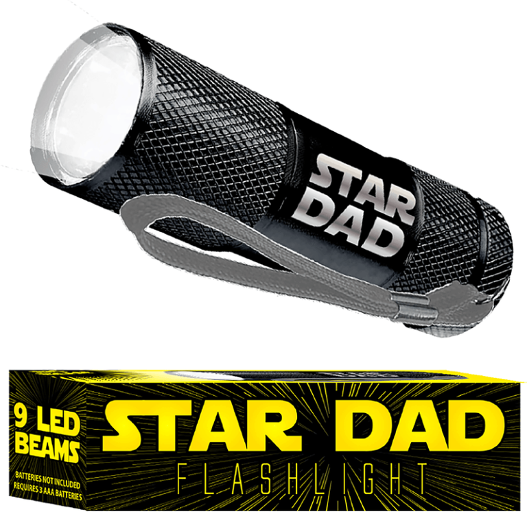 Show your appreciation for a star dad! Black "STAR DAD" flashlight with silver clip, gift boxed and featuring 9 LED beams.
