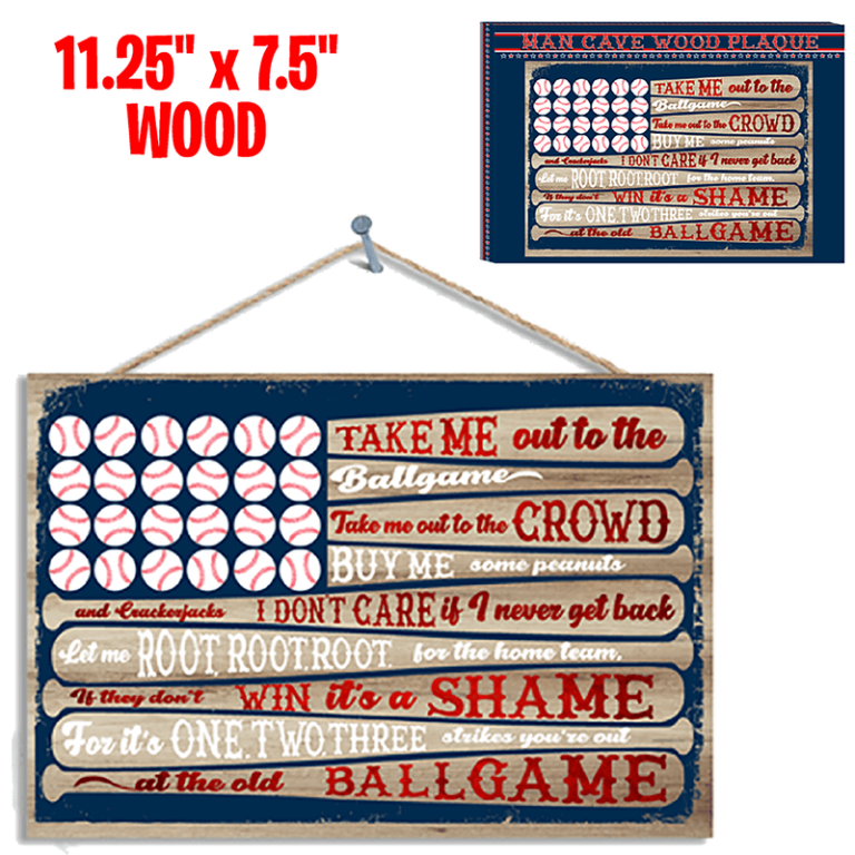 Charming 11.25" x 7.5" wooden wall sign with baseball graphics and "Take Me Out to the Ballgame" lyrics—ideal fundraiser item!.