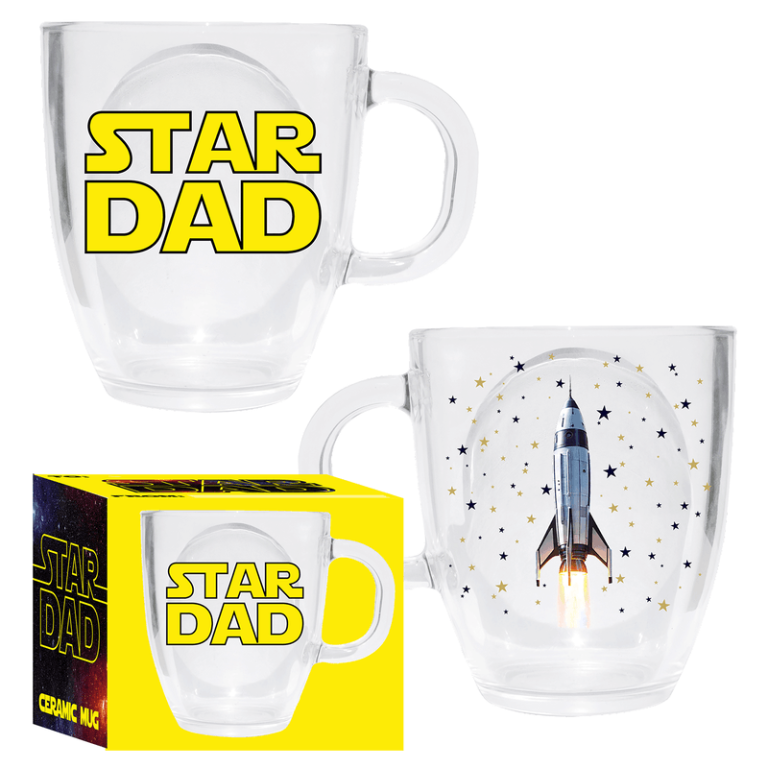 Celebrate a super dad! Clear glass mug features bold yellow "Star Dad" text and rocket ship; gift box includes matching design.