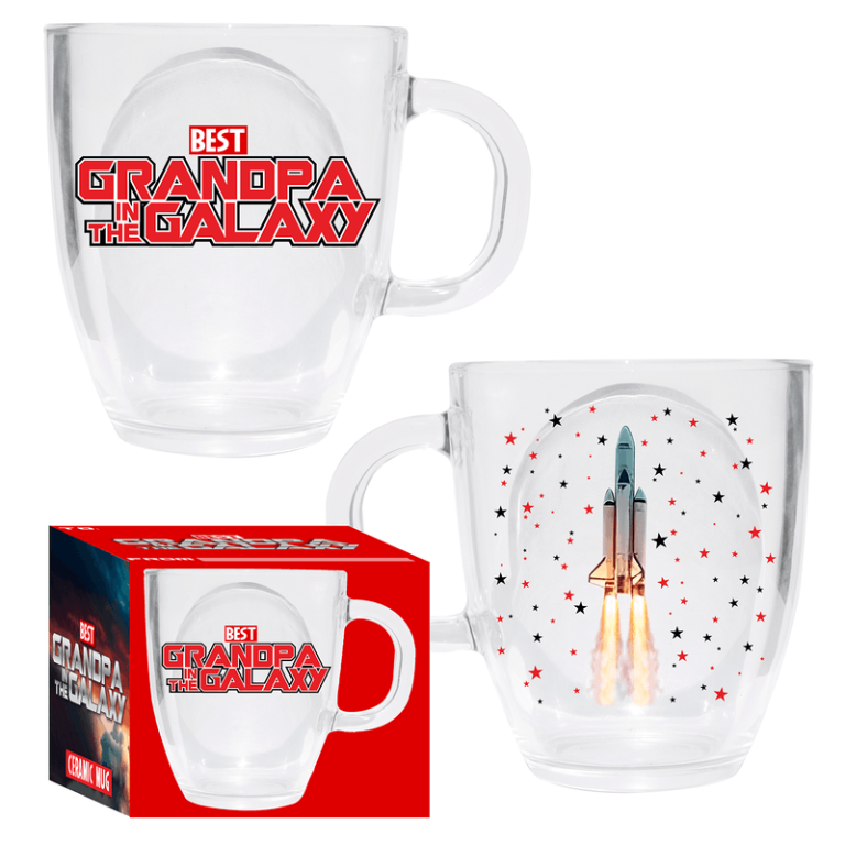 Gift-ready clear glass mug features "Best Grandpa in the Galaxy" text and rocket design—perfect for fundraising or holiday sales.