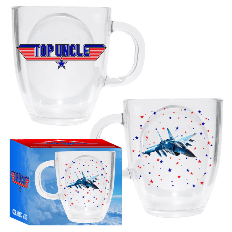 Celebrate your top uncle! Glass mug features “Top Uncle” with a star, plus festive jet and stars—gift-boxed for easy fundraising.