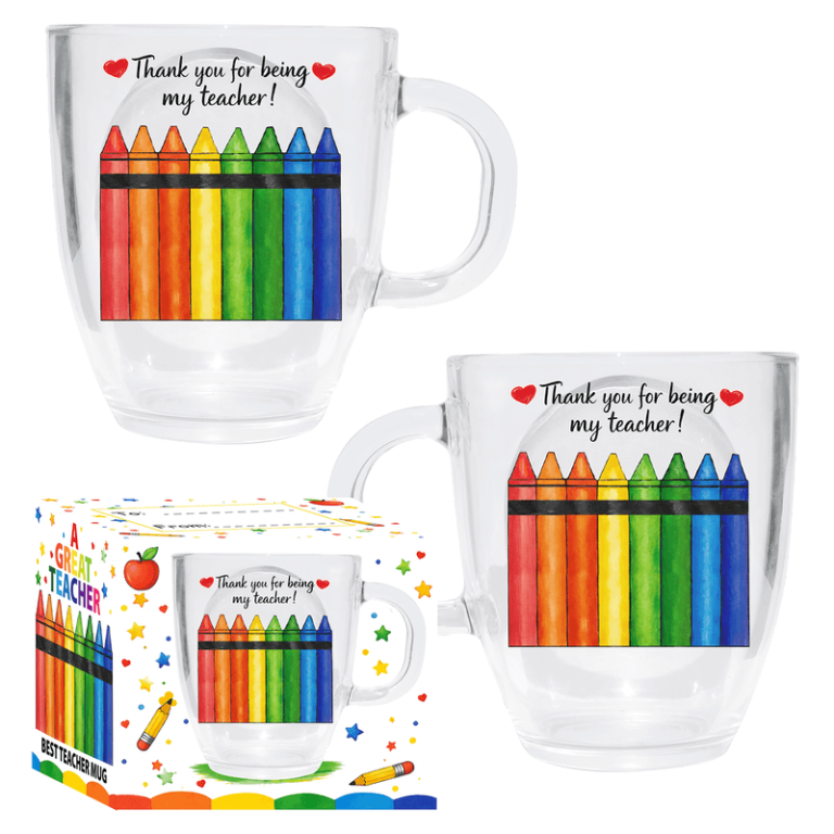 Bright glass mug with rainbow crayon motif and "Thank you for being my teacher!" message, includes festive gift-ready packaging.