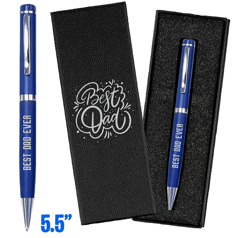 5.5-inch blue pen reads "BEST DAD EVER," presented in/next to a black gift box with elegant script "Best Dad"—perfect for gifting.
