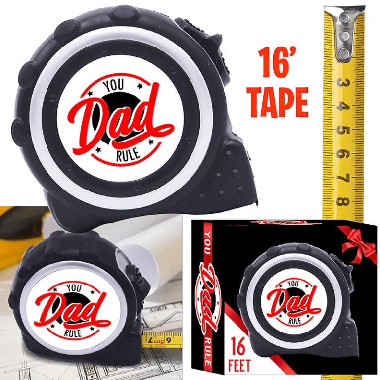 A 16-foot tape measure featuring “You Dad Rule” branding, displayed with packaging and a close-up extended to 5 inches—ideal for fundraising gifts.