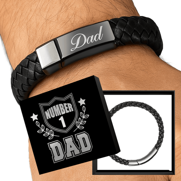 Stylish black braided bracelet with "Dad" engraved metal clasp, presented in a “Number 1 Dad” gift box—perfect for holiday fundraising.