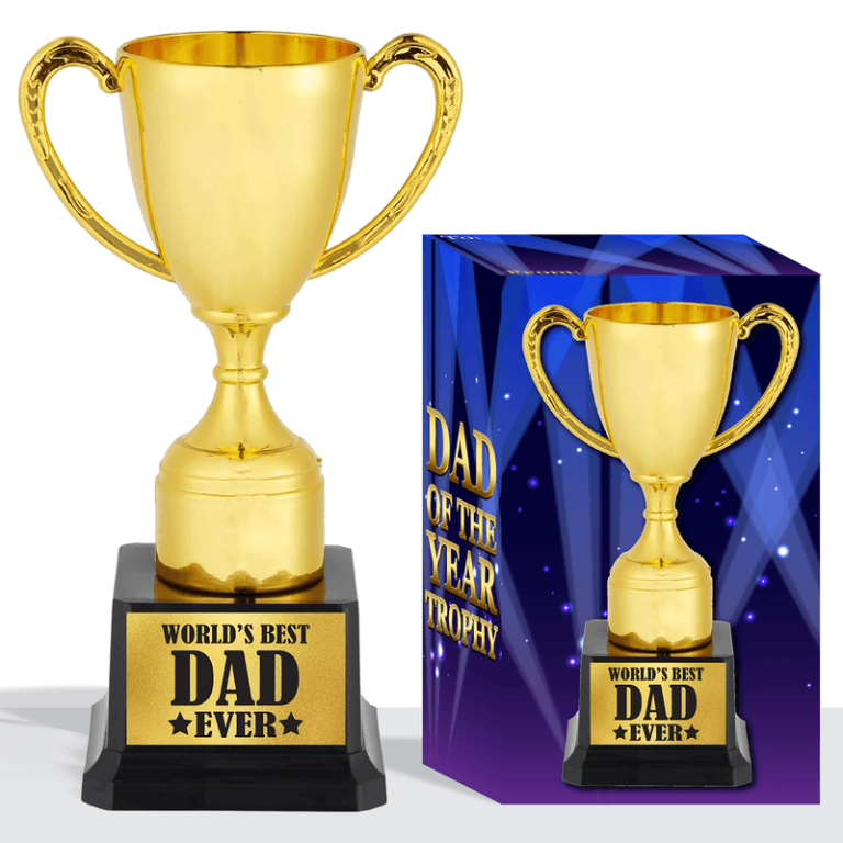 Celebrate dads and boost your fundraiser! Gold trophy says "World's Best Dad Ever," includes a gift box labeled "Dad of the Year.