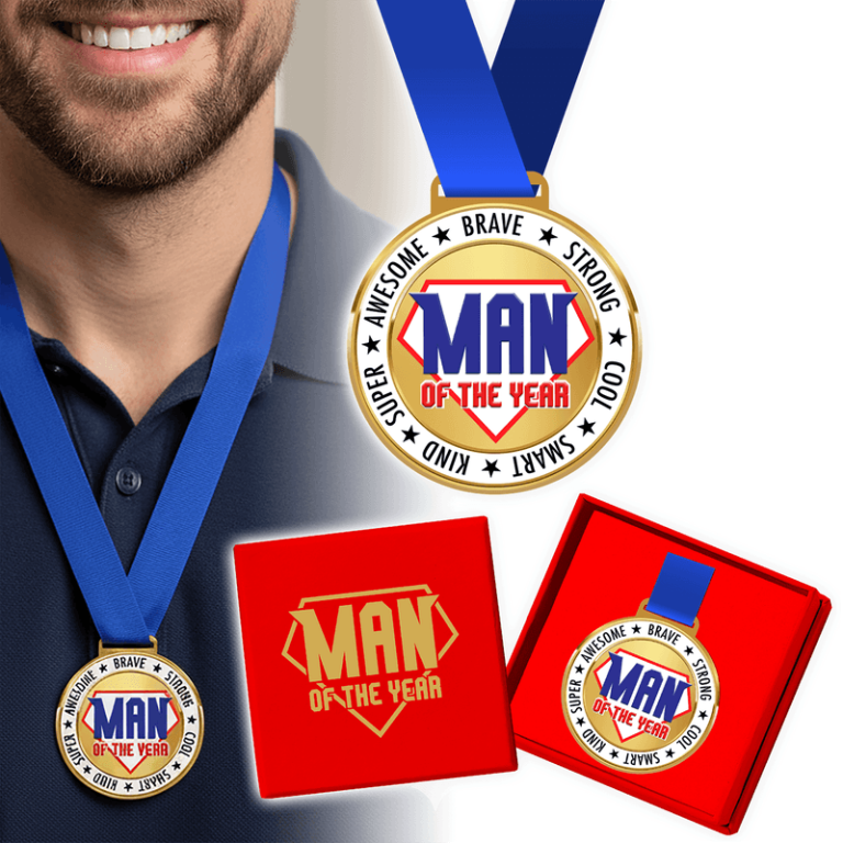 Showcased: our "Man of the Year" medal on a blue ribbon, presented in a festive red gift box—perfect for holiday fundraisers!.