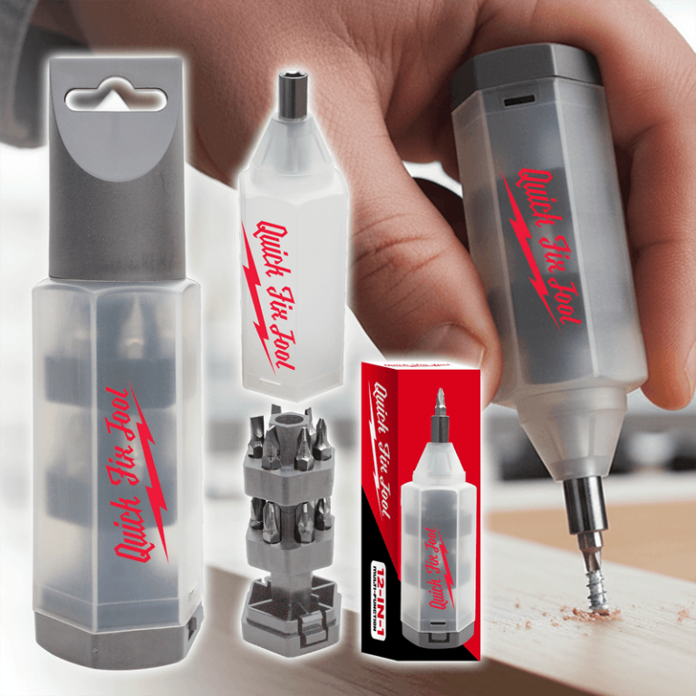 Hand demonstrates our versatile “Quick Fix Tool” screwdriver set—compact, gift-ready, with interchangeable bits and handy holder.