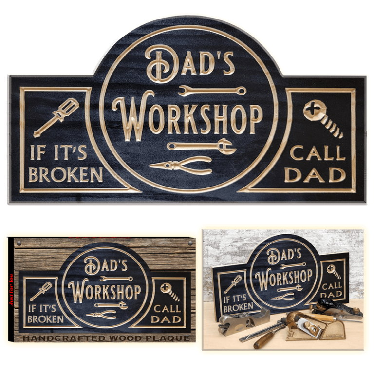 Charming “Dad’s Workshop” sign with tool graphics—perfect for your fundraising catalog; pictured solo and with hand tools.