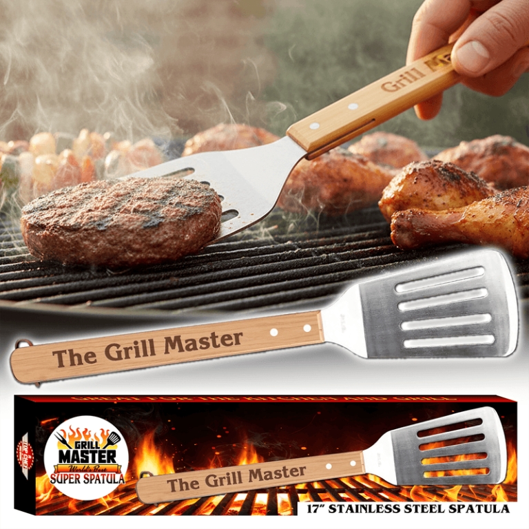 Support your next fundraiser with our "Grill Master" spatula—shown flipping burgers and in packaging as a 17'' Stainless Steel Spatula.