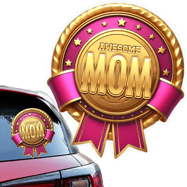 Show your appreciation with our gold and pink "Awesome Mom" badge decal—perfect for car windows in your next fundraiser!.