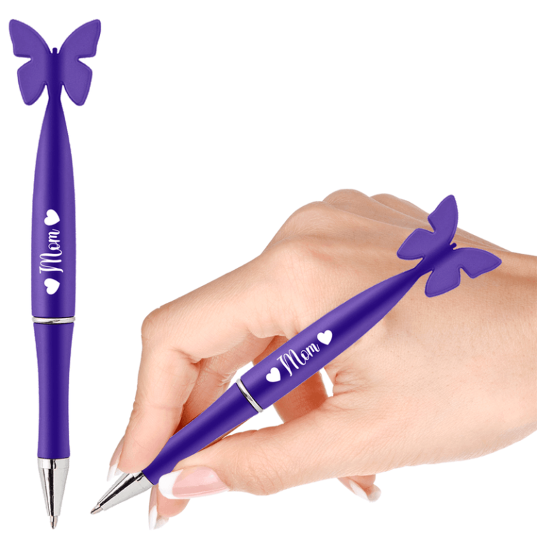 A vibrant purple butterfly-top pen reading "Mom" with two hearts, perfect for holiday fundraisers; second pen shown upright.
