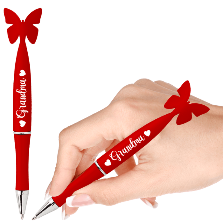 Festive red pen with butterfly-shaped topper and "Grandma" in white—perfect for holiday fundraising gift catalogs. Hand holding, ready to write.