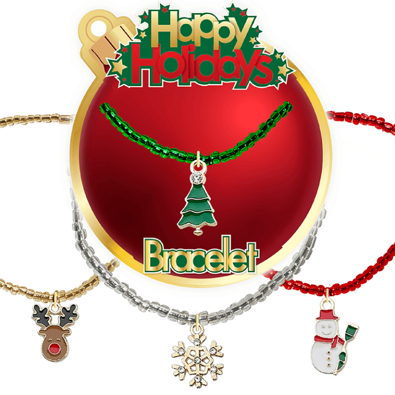 Festive bracelet set featuring Christmas tree, reindeer, snowflake, and snowman charms—perfect for your holiday fundraiser!.