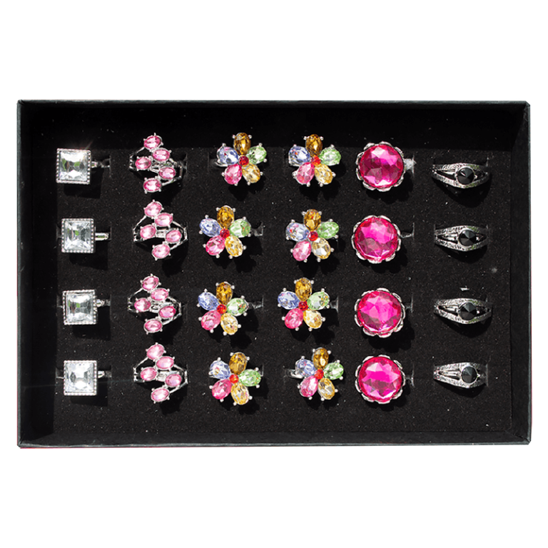 Raise funds with this elegant black tray featuring 5 pairs of vibrant stud earrings and 5 sparkling silver-tone gem rings.