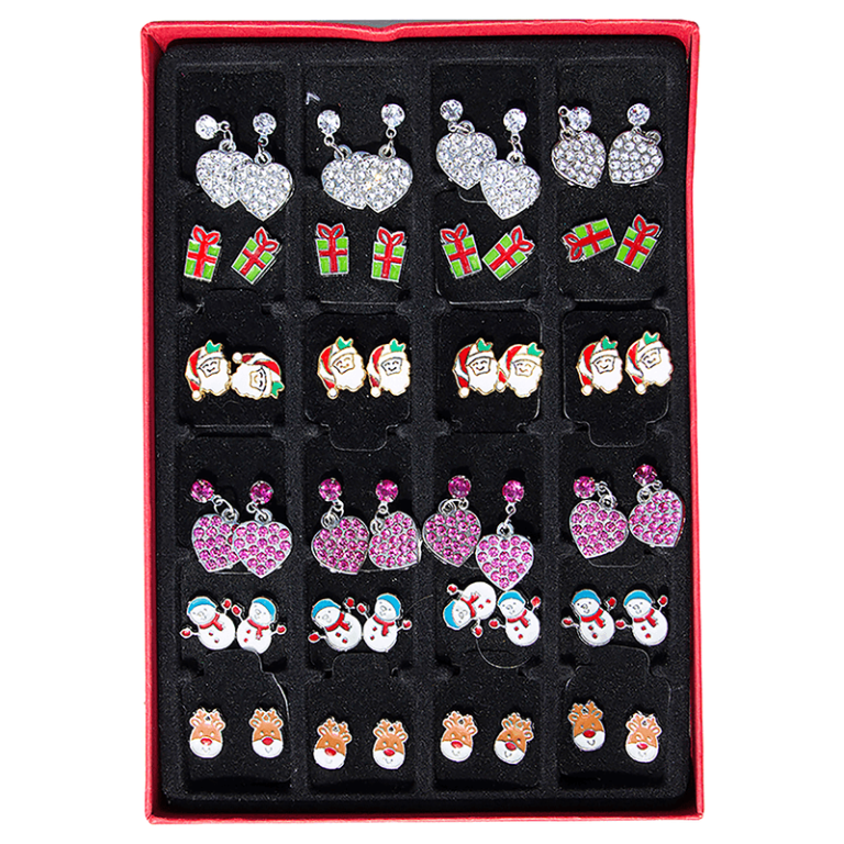 A red box showcases festive earrings—hearts, gifts, Santas, snowmen & reindeer—perfectly arranged for your holiday fundraiser.