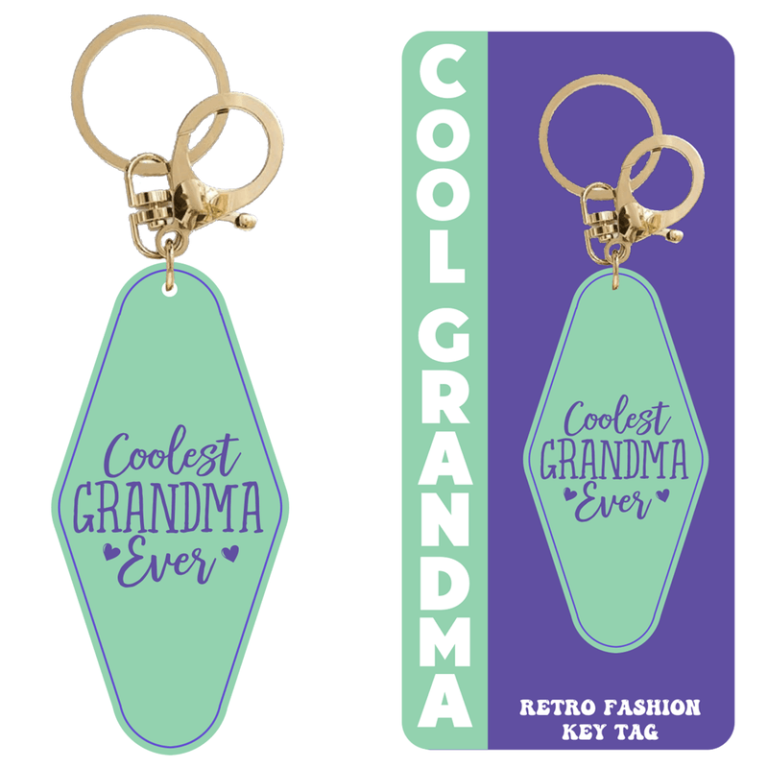 Chic mint green key tag reads "Coolest Grandma Ever" in cursive, comes gift-ready with stylish packaging—ideal for fundraiser gifts.