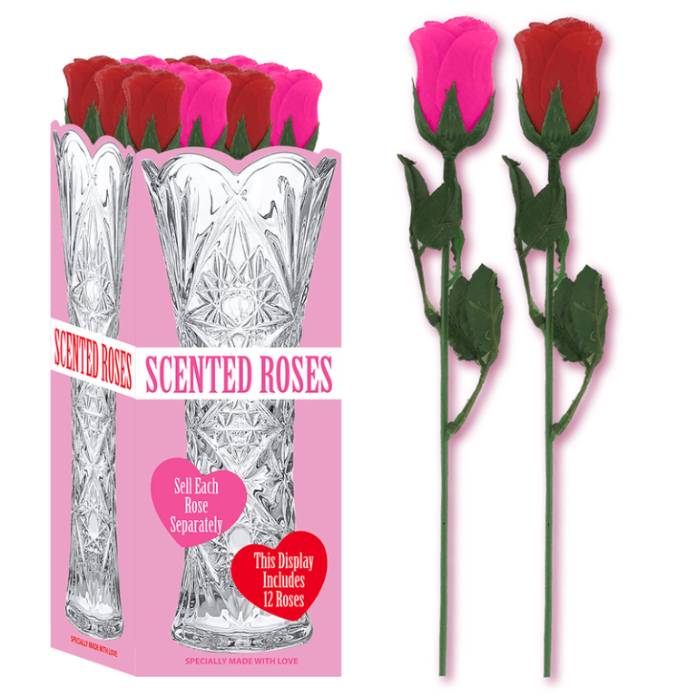 Perfect for your next fundraiser, this "Scented Roses" box features vibrant pink and red artificial roses in a clear vase; two stems included.