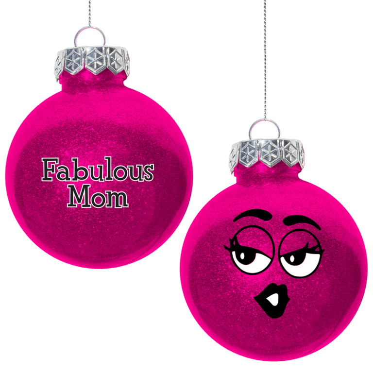 Two festive pink ornaments—one reads "Fabulous Mom," the other features a playful cartoon face—perfect for your fundraising catalog.
