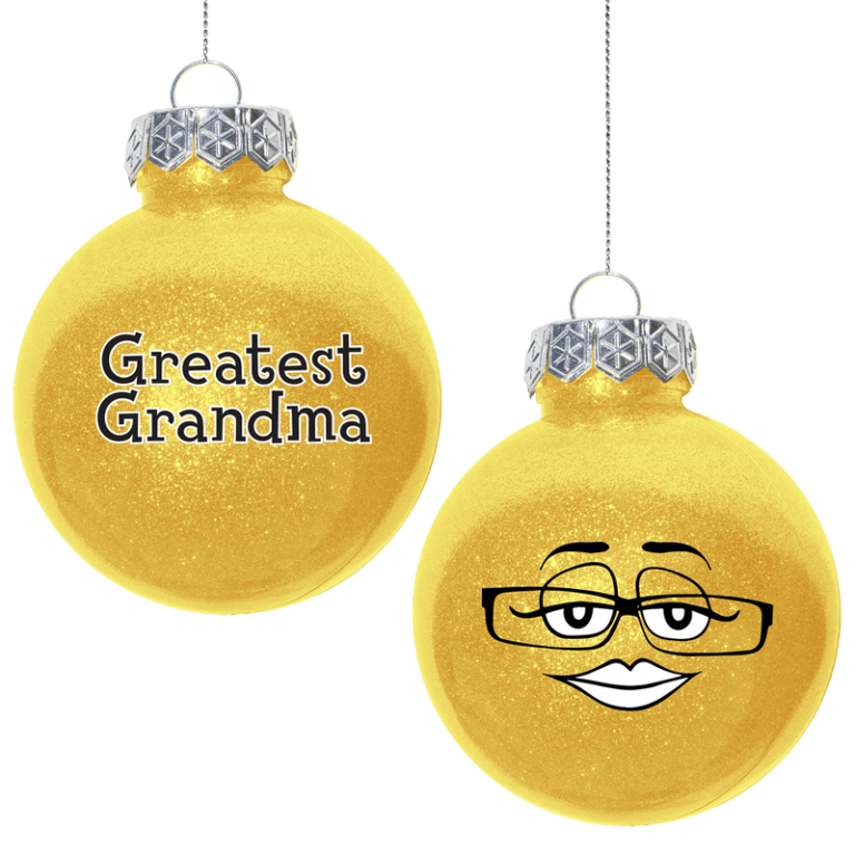 Bright yellow holiday ornaments—a "Greatest Grandma" design and a cheerful smiling face with glasses—perfect for fundraisers.