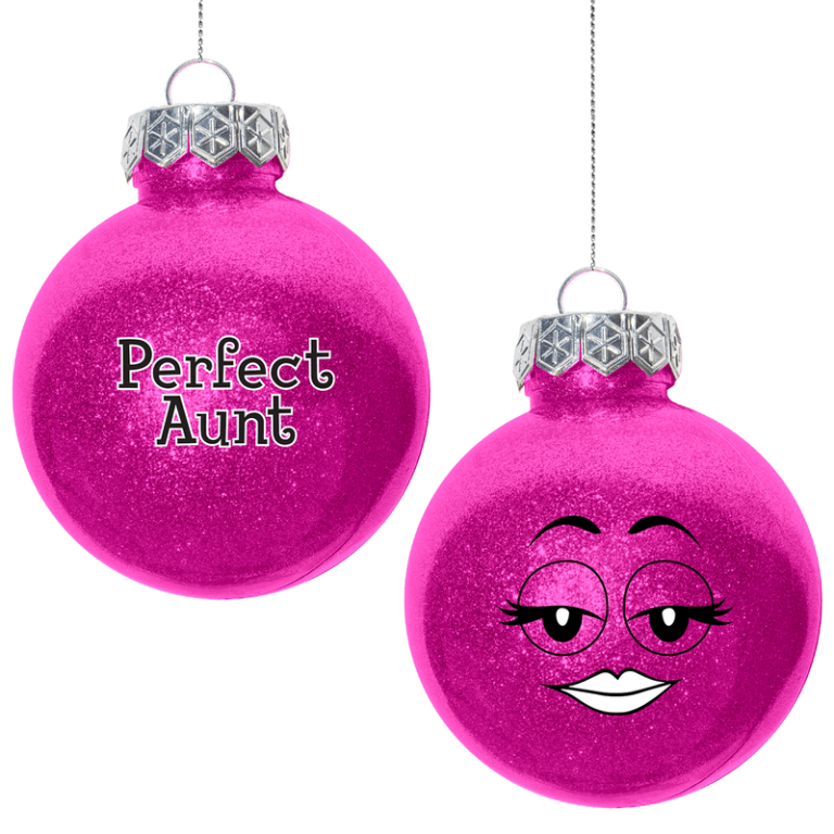 Set of two pink Christmas ornaments—one with "Perfect Aunt" script, one with a cheerful cartoon face—perfect for fundraising gifts.