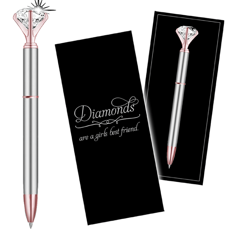 Elegant silver pen with diamond-shaped top, gift boxed and includes card. A perfect choice for your next fundraising catalog!.