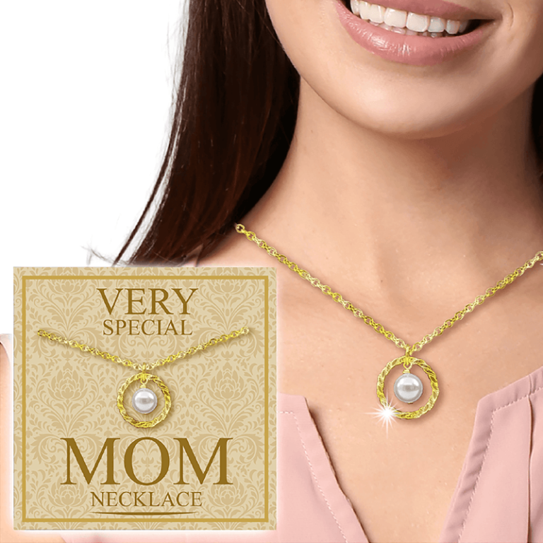 Elegant gold chain necklace with pearl pendant, presented in "Very Special Mom Necklace" packaging—perfect for holiday fundraising gifts.
