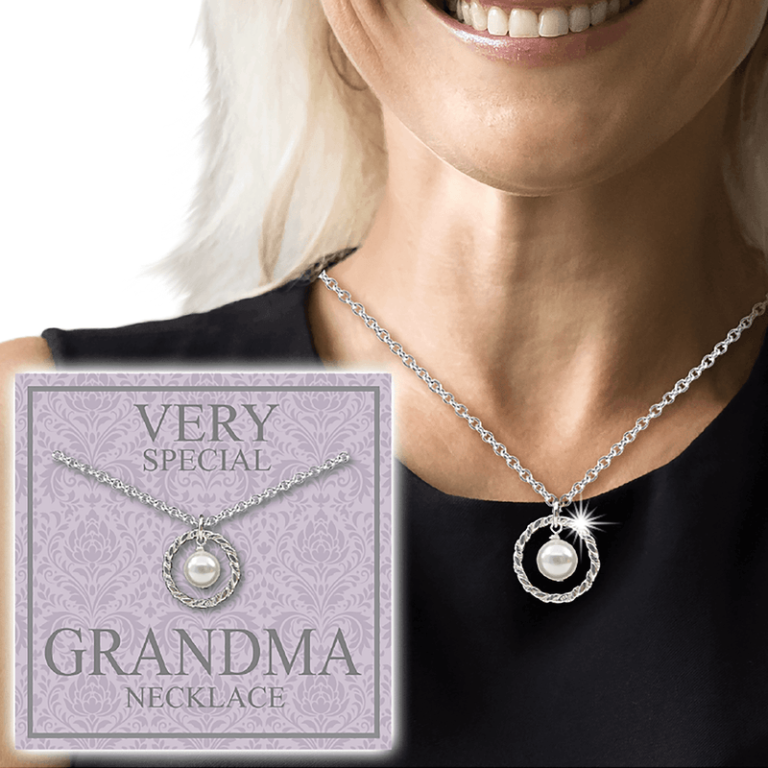 Elegant silver necklace with pearl pendant, beautifully boxed as "Very Special Grandma Necklace"—a perfect holiday fundraiser gift.