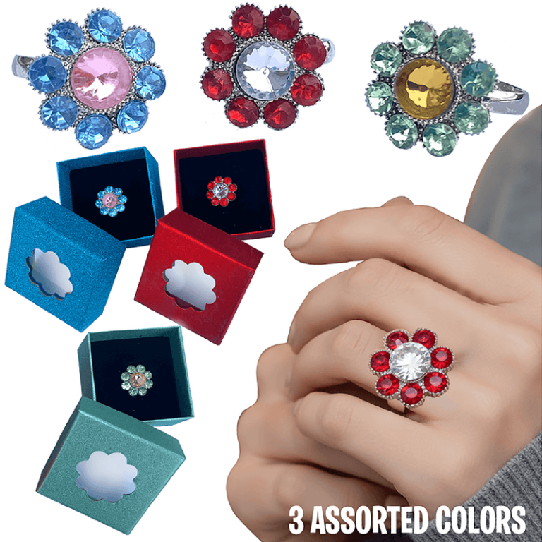 Dazzling gem-studded flower rings in blue, red, and green—gift boxed and shown worn. Perfect for fundraising! “3 ASSORTED COLORS.”.