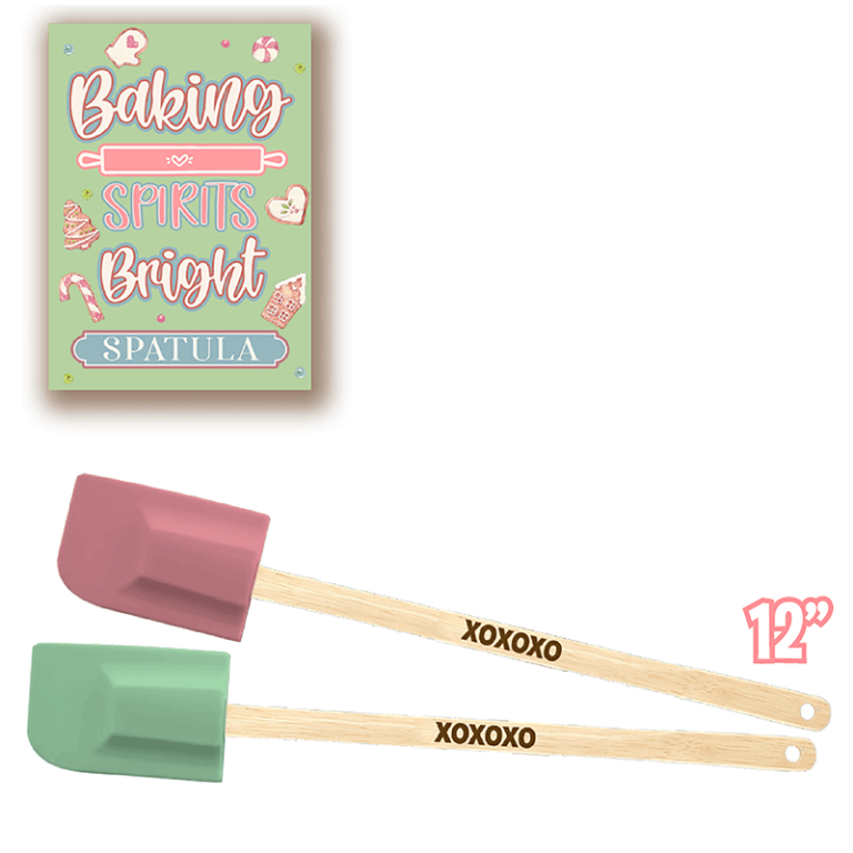 Perfect for holiday fundraisers! “Baking Spirits Bright Spatula” sign above two 12" XOXOXO spatulas in pink and green.